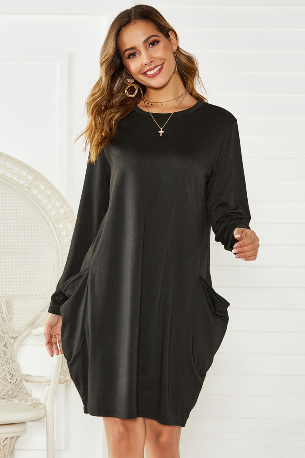 Elsa Pocketed Round Neck Long Sleeve Dress