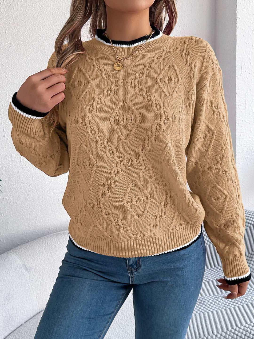 Cora Contrast Trim Long Sleeve Sweater