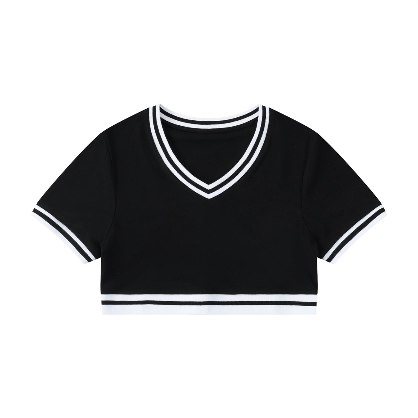 Color Block V-Neck Crop T-Shirt - Black