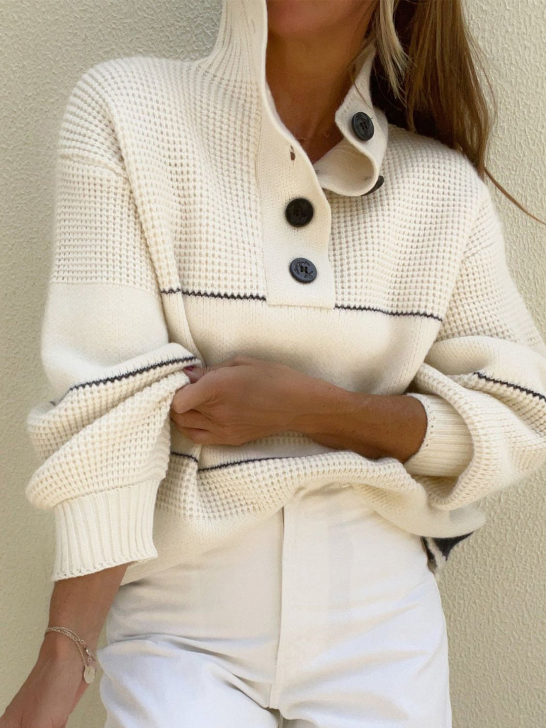 Brielle Waffle-Knit Half Button Sweater