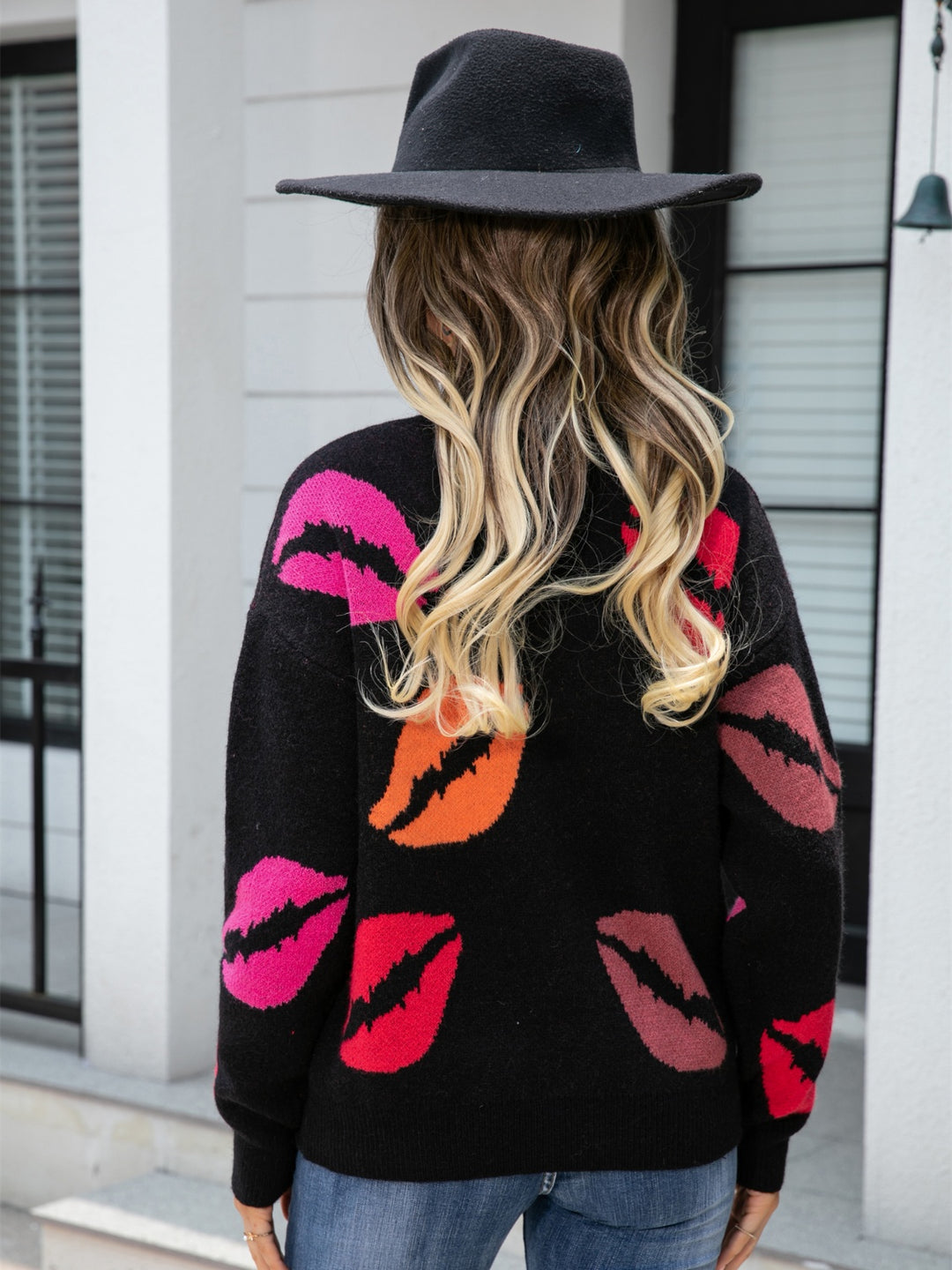 Kisses For You V-Neck Drop Shoulder Sweater