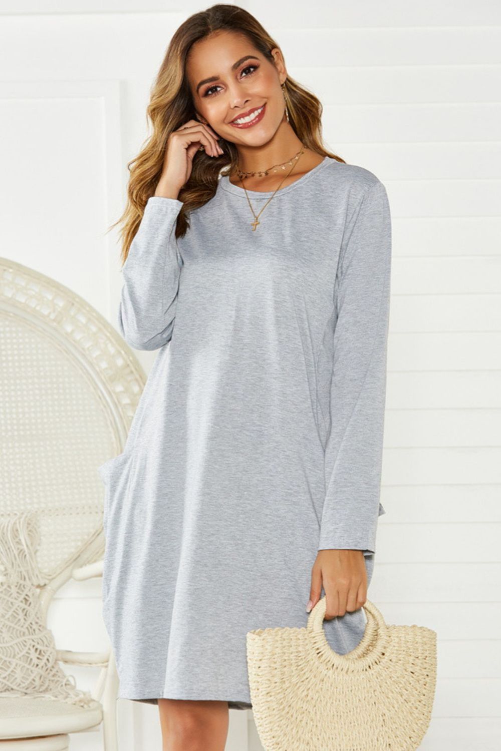 Elsa Pocketed Round Neck Long Sleeve Dress