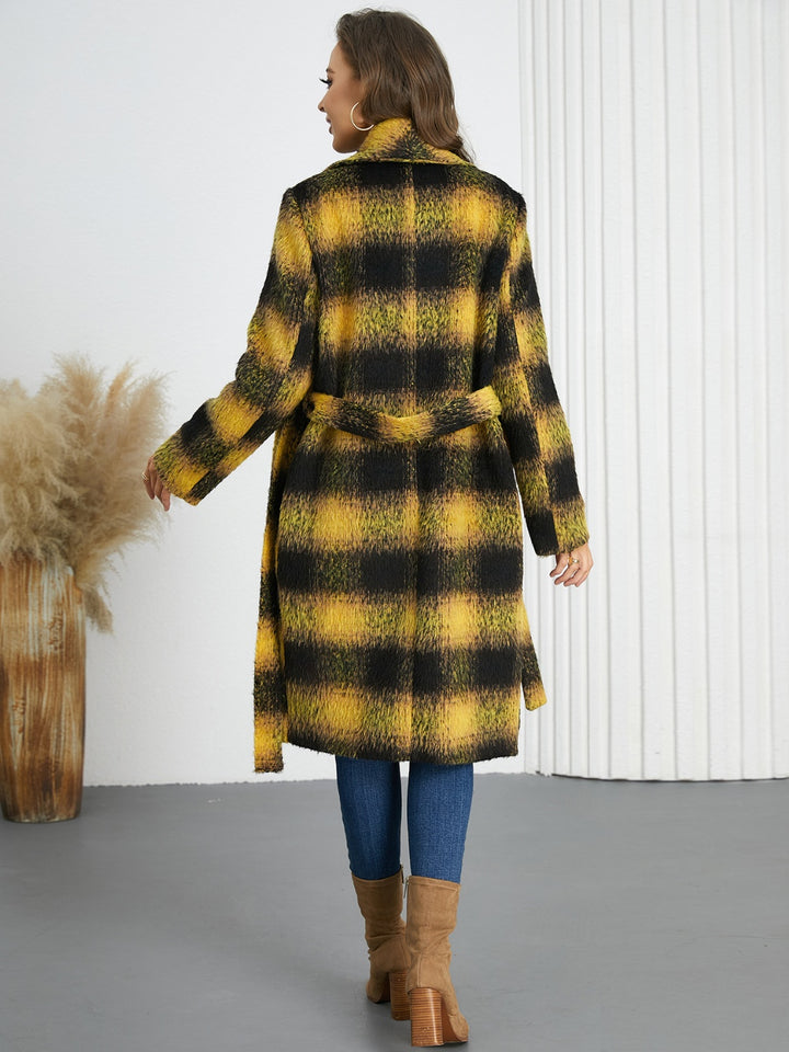 Avery Plaid Tie Waist Long Sleeve Coat