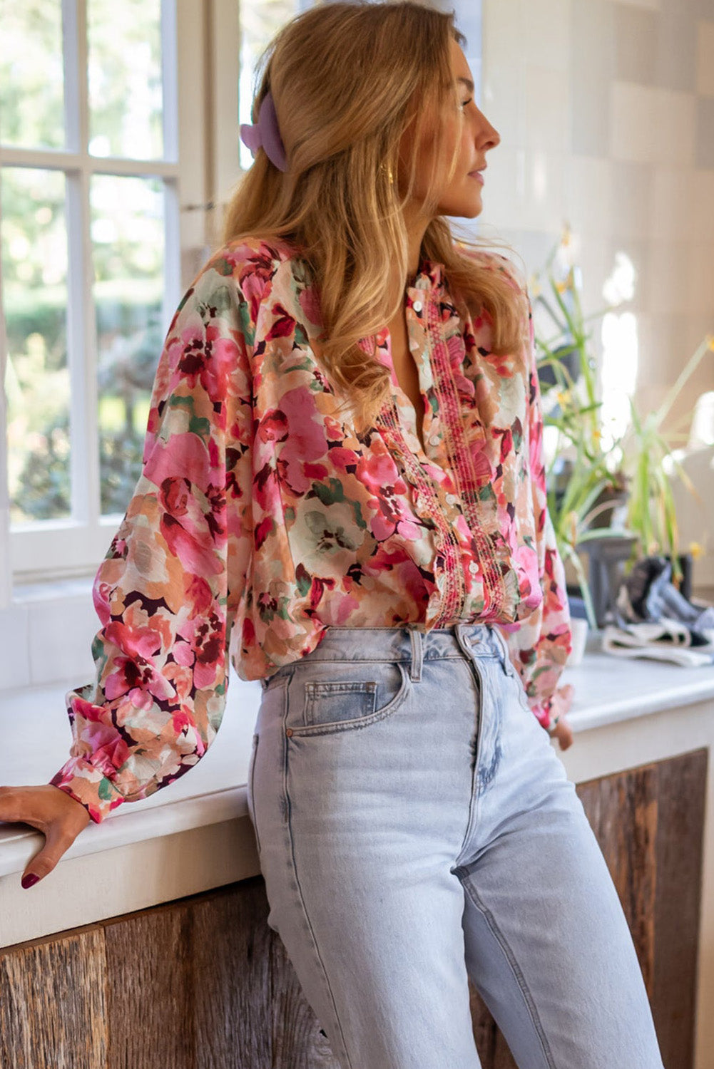 Mila Frill Floral Button Down Top