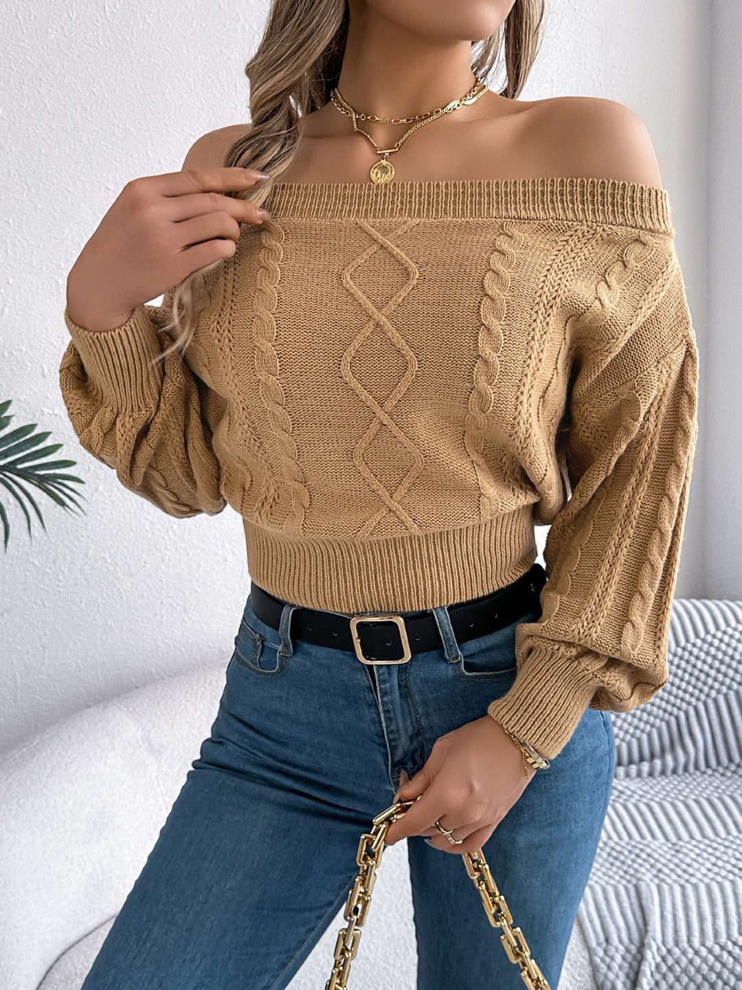 Khloe Cable Knit Off-Shoulder Sweater