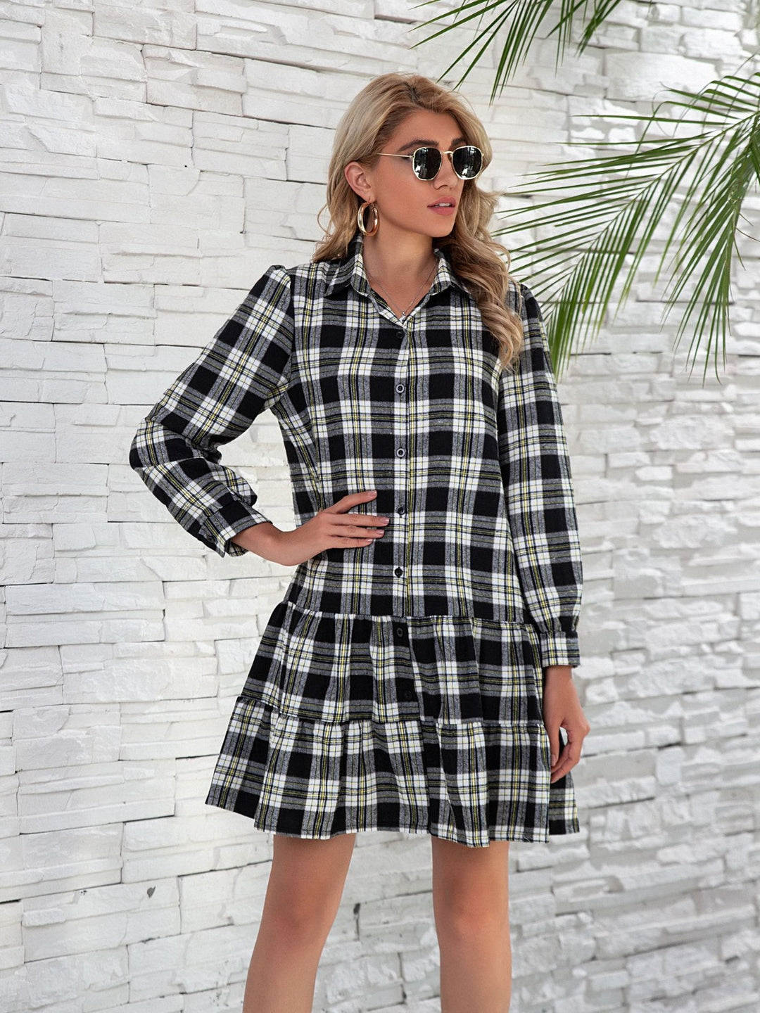 Teagan Ruffle Hem Plaid Dress