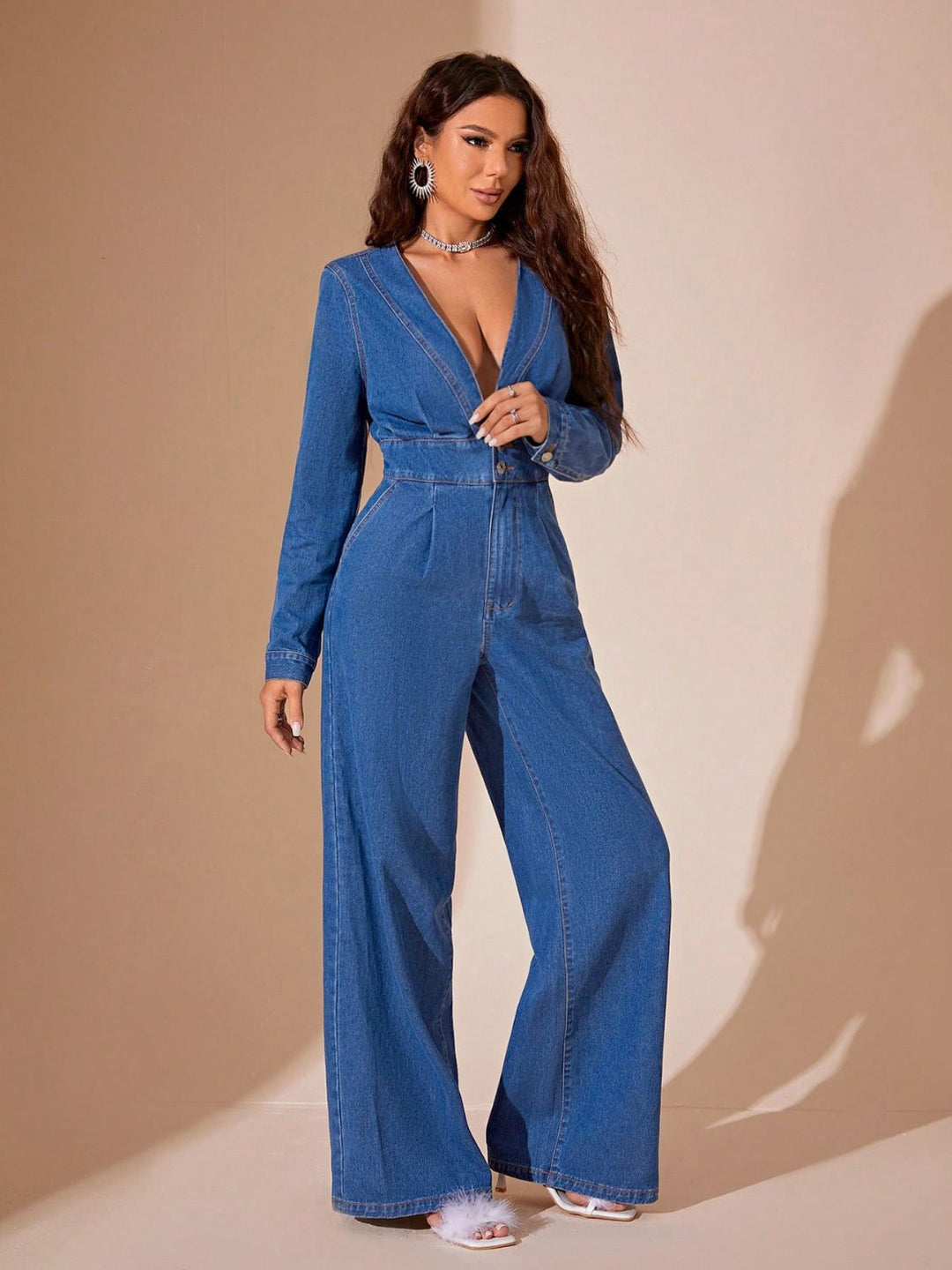 Adelyn Plunge Wide Leg Denim Jumpsuit