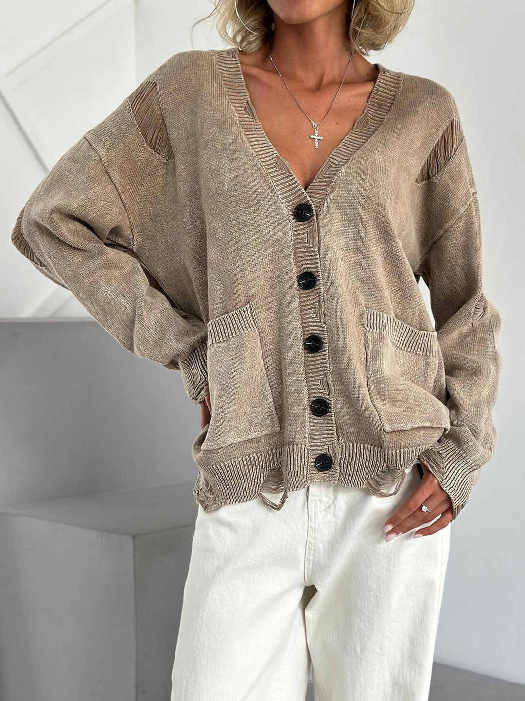 Lola Distressed Button Down Cardigan