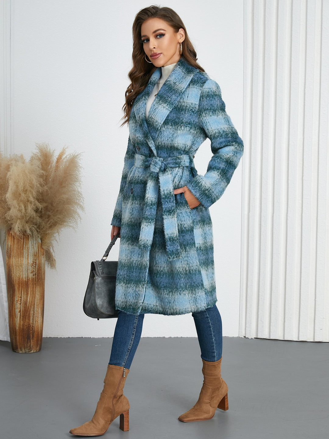 Avery Plaid Tie Waist Long Sleeve Coat