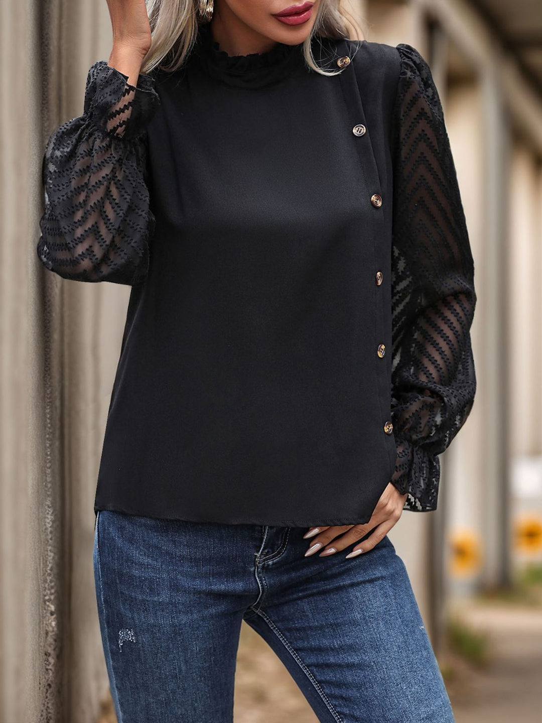 Audrey Mock Neck Flounce Sleeve Blouse