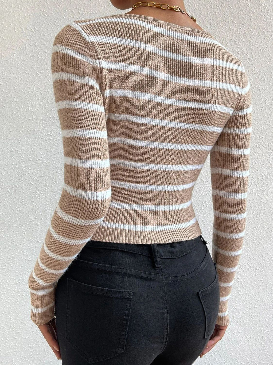 Hailey Striped Notched Long Sleeve Sweater