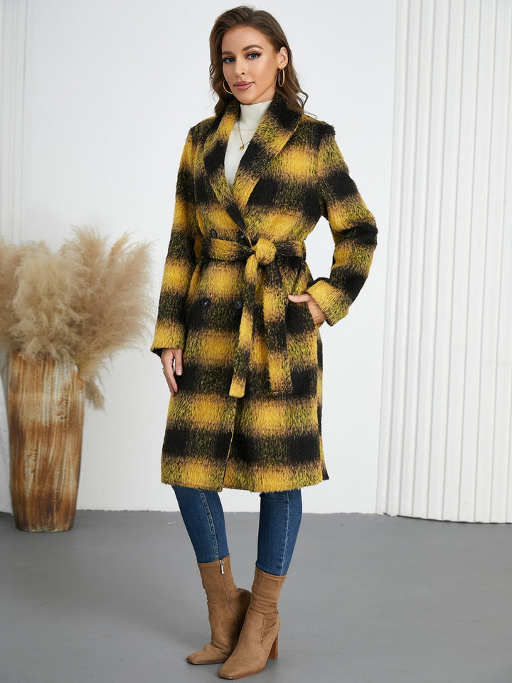 Avery Plaid Tie Waist Long Sleeve Coat