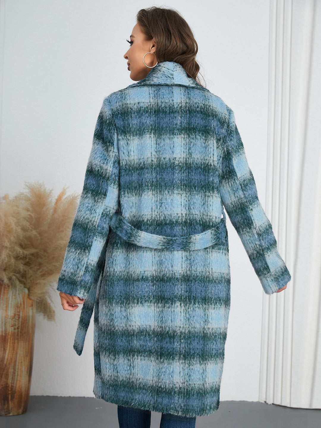 Avery Plaid Tie Waist Long Sleeve Coat