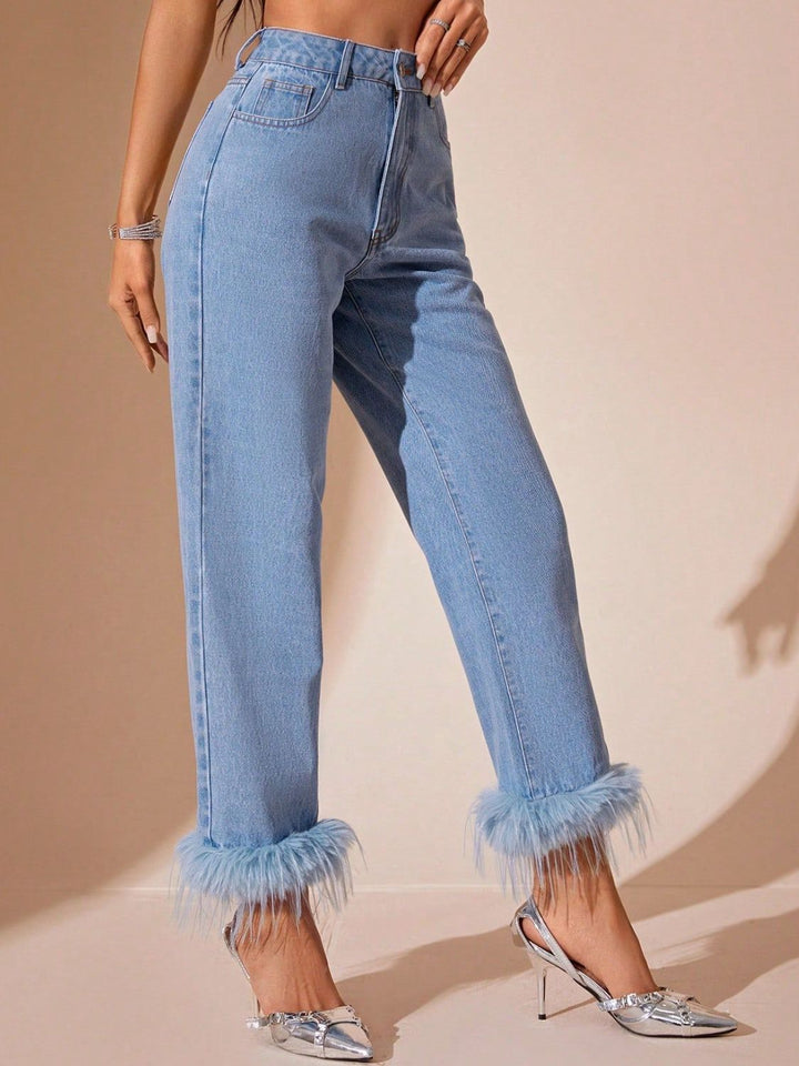 Aurora Plush Hem High Rise Straight Jeans