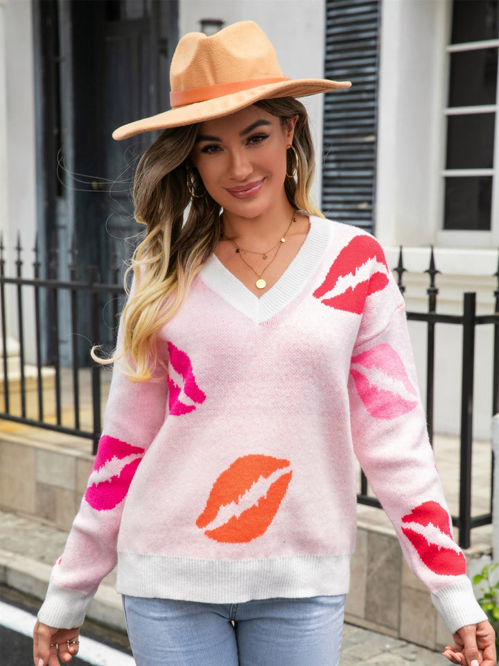 Kisses For You V-Neck Drop Shoulder Sweater