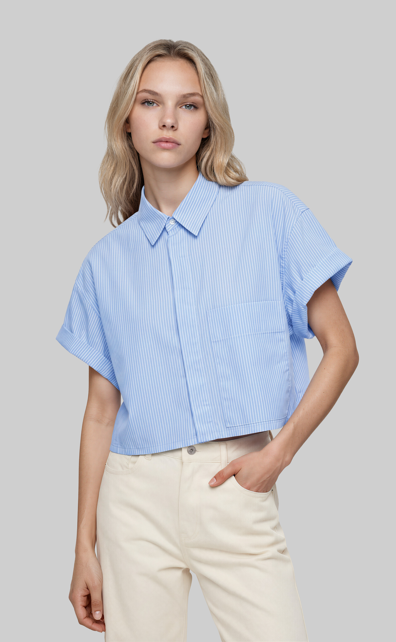 Striped Boxy Cropped Shirt - Blue