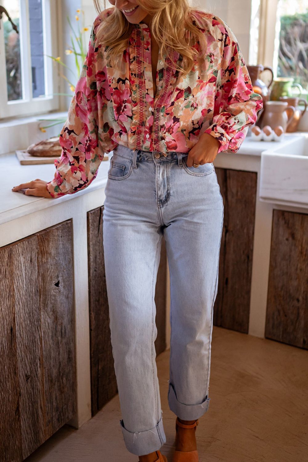 Mila Frill Floral Button Down Top