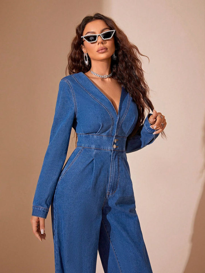 Adelyn Plunge Wide Leg Denim Jumpsuit