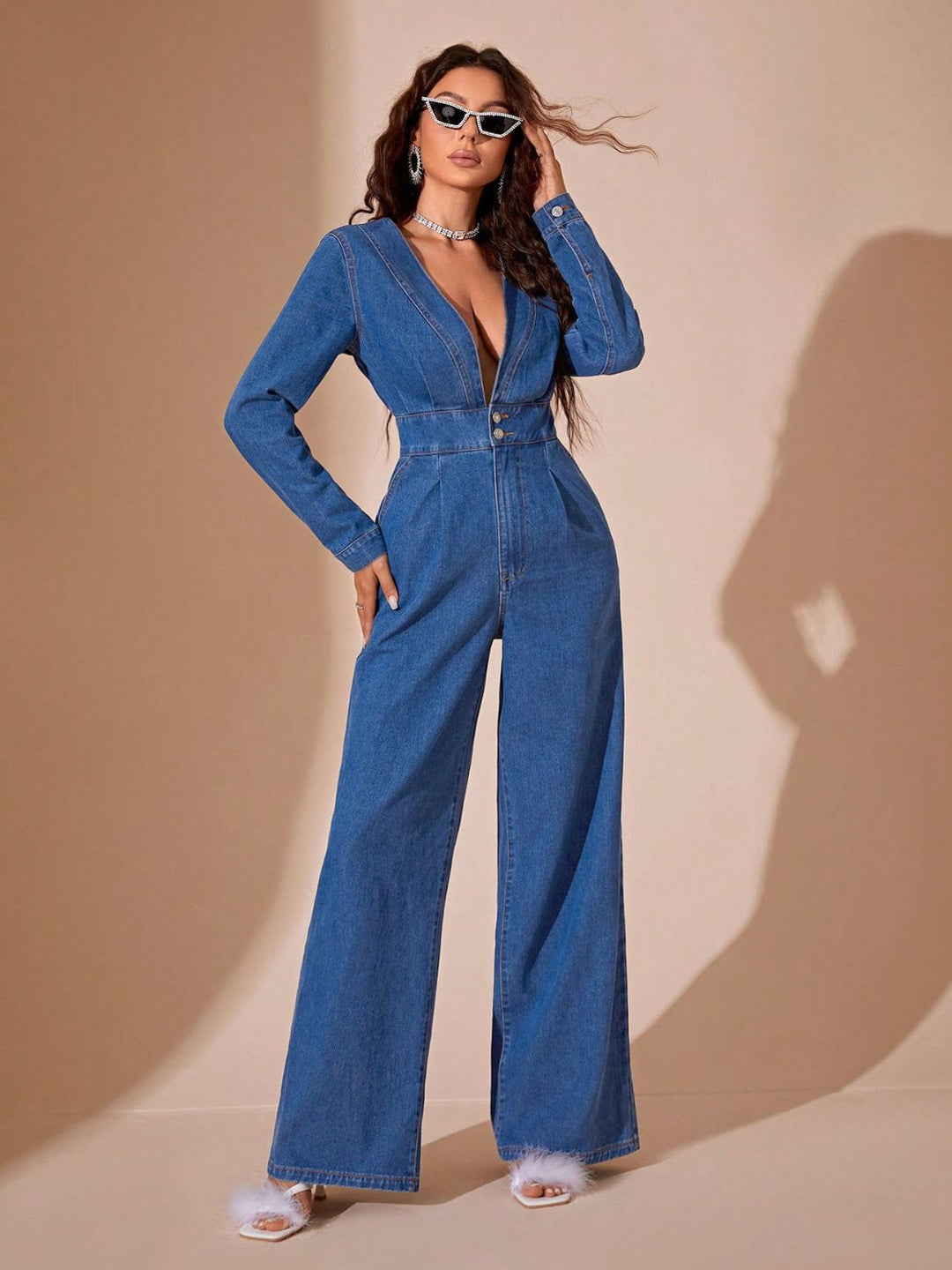 Adelyn Plunge Wide Leg Denim Jumpsuit