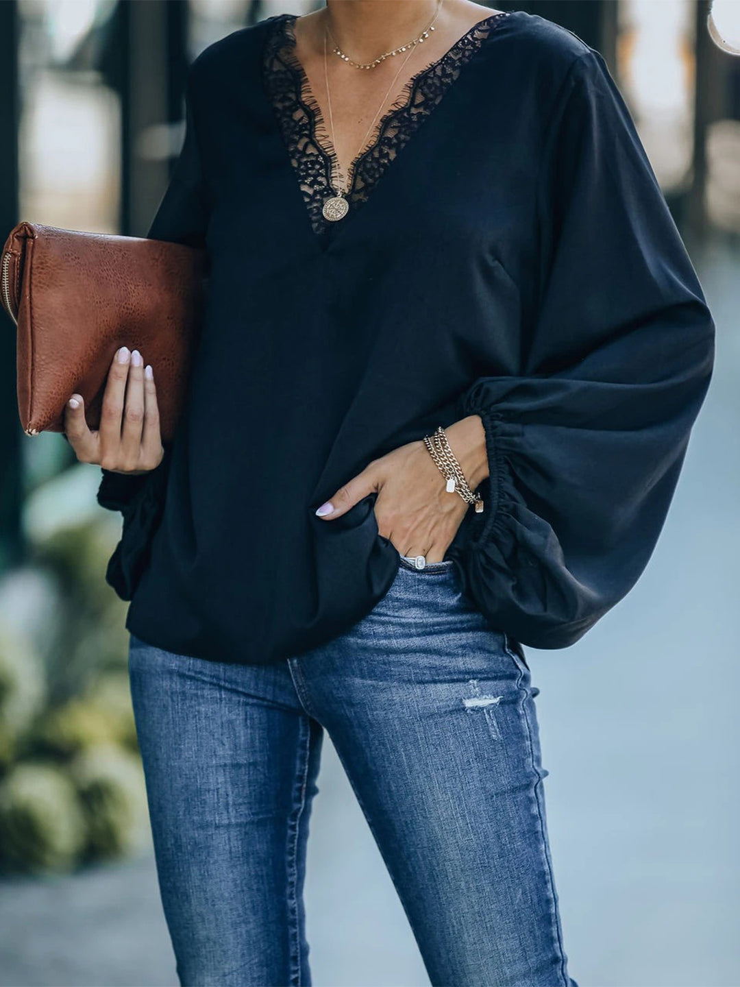 Gemma Lace Detail V-Neck Blouse