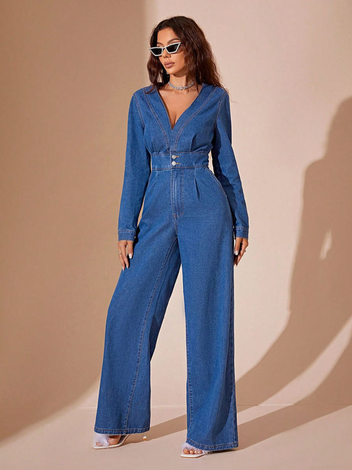 Adelyn Plunge Wide Leg Denim Jumpsuit