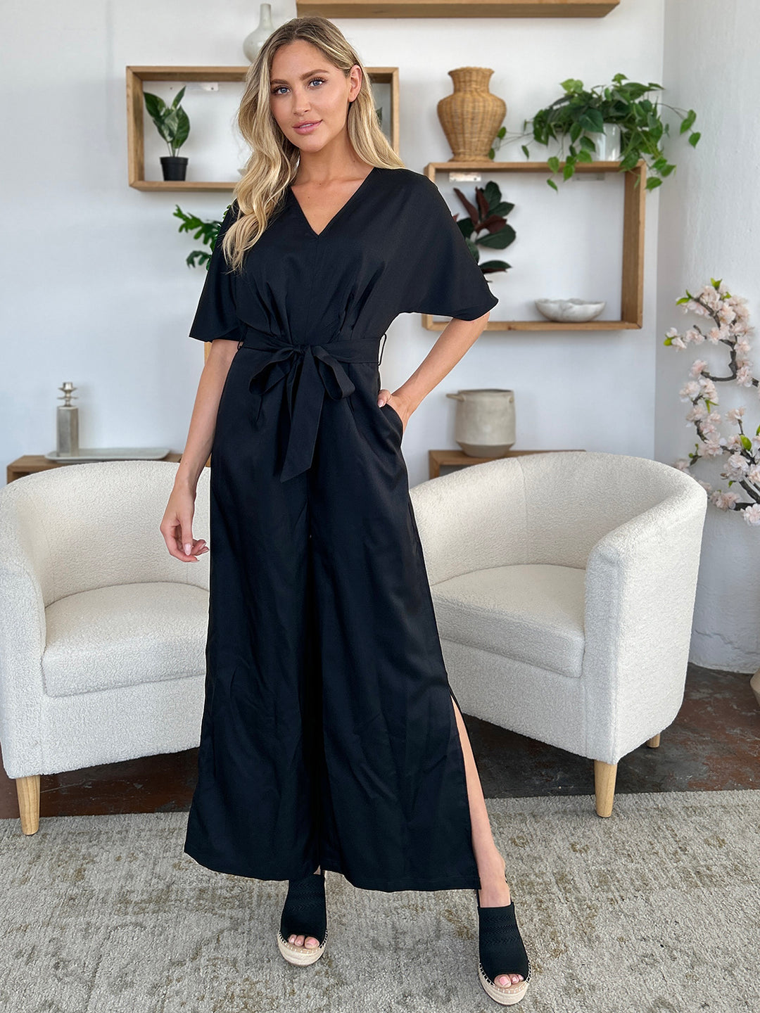 Hannah V-Neck Side Slit Jumpsuit