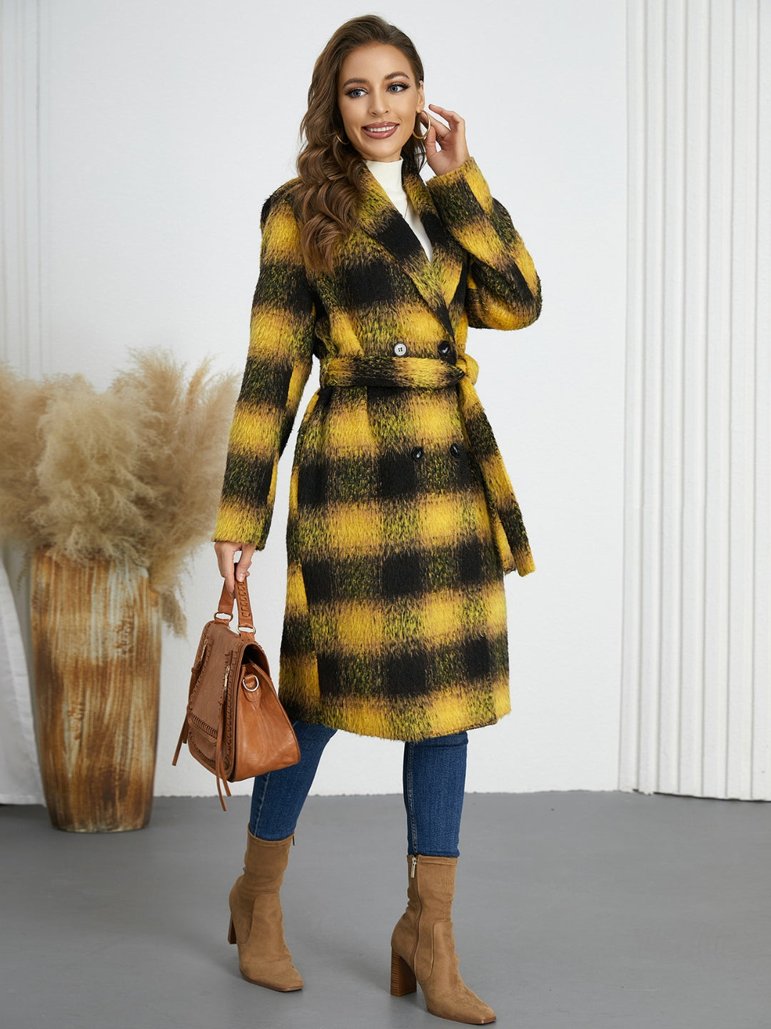 Avery Plaid Tie Waist Long Sleeve Coat