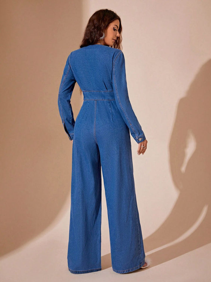 Adelyn Plunge Wide Leg Denim Jumpsuit