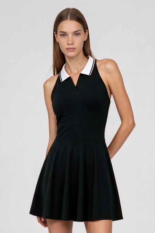Collared Halter A-Line Tennis Dress - Black