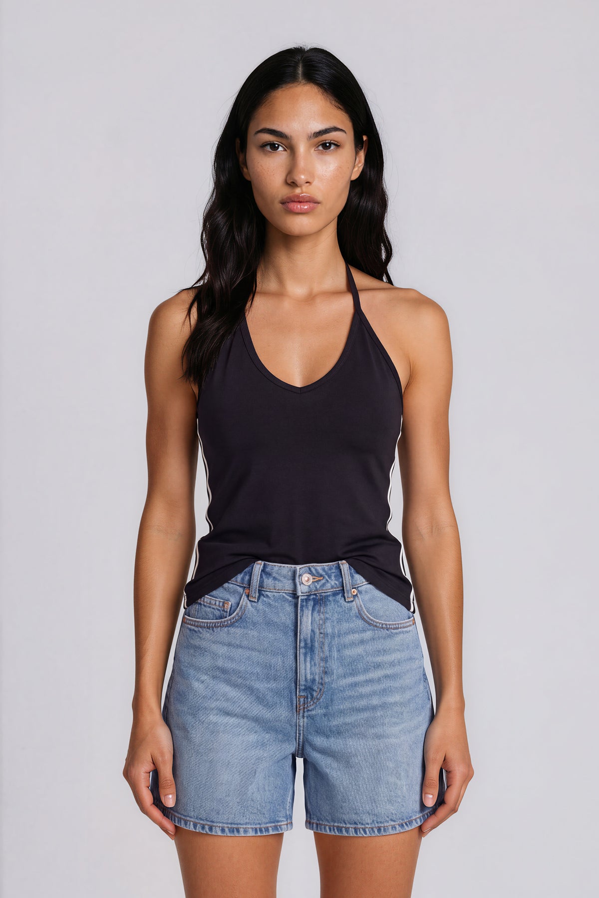 Color Block Halter Crop Tank Top - Black