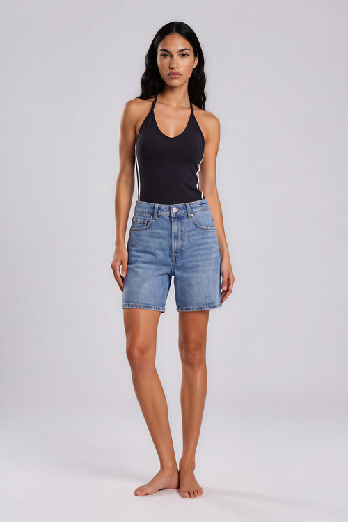 Color Block Halter Crop Tank Top - Black