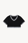 Color Block V-Neck Crop T-Shirt - Black