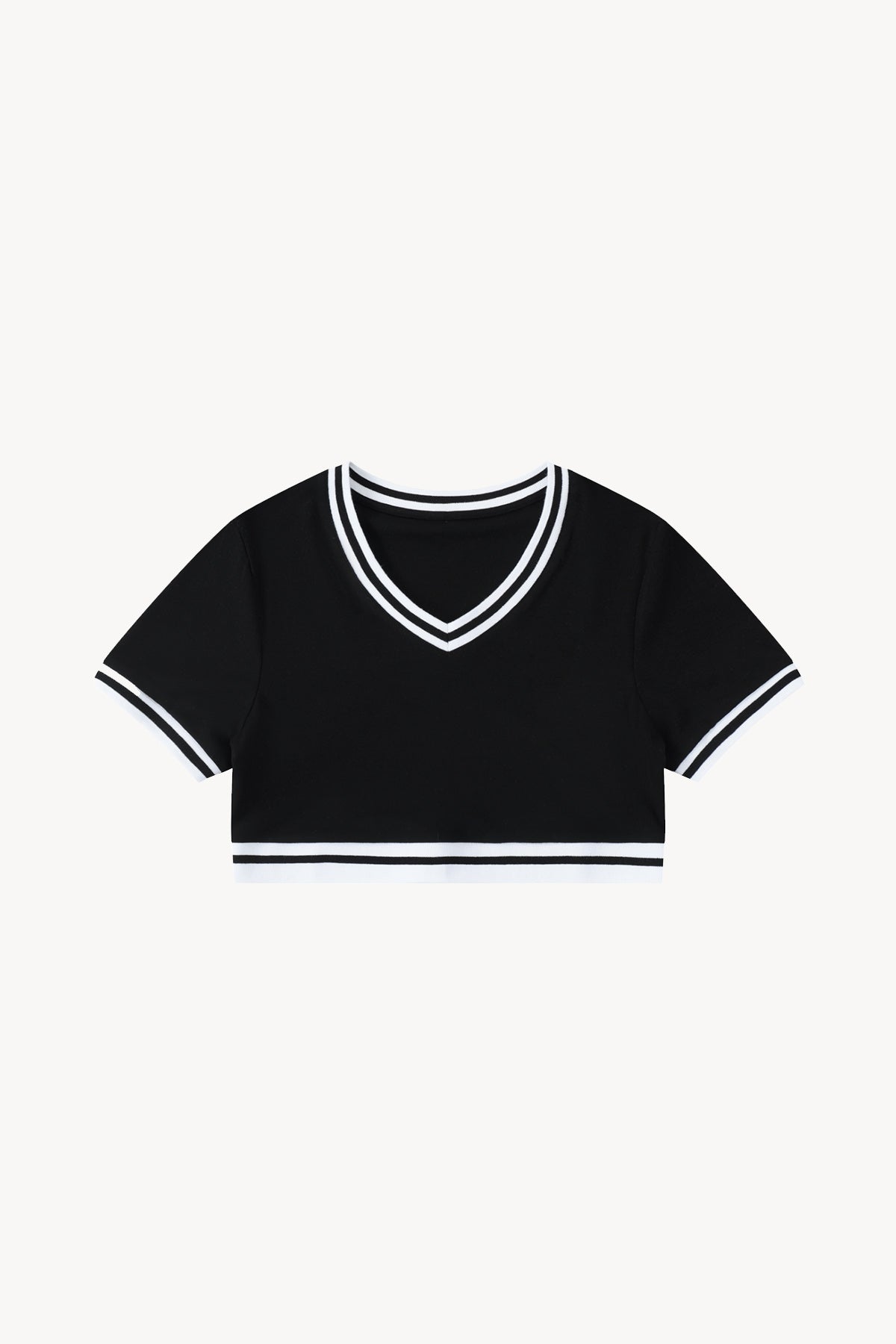Color Block V-Neck Crop T-Shirt - Black