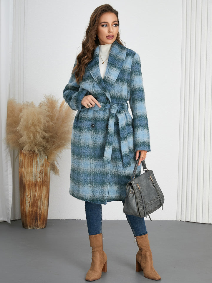 Avery Plaid Tie Waist Long Sleeve Coat