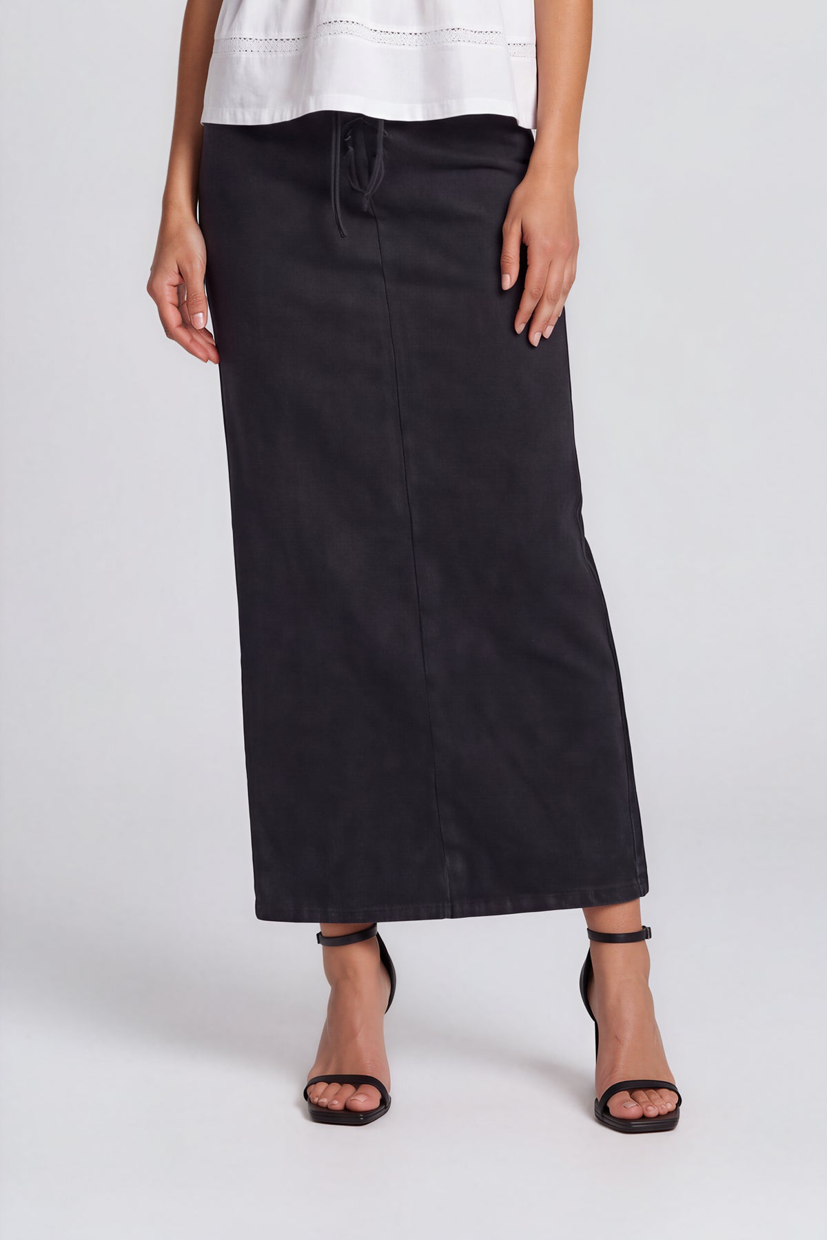 Dyed Washed Drawstring Maxi Skirt - Black