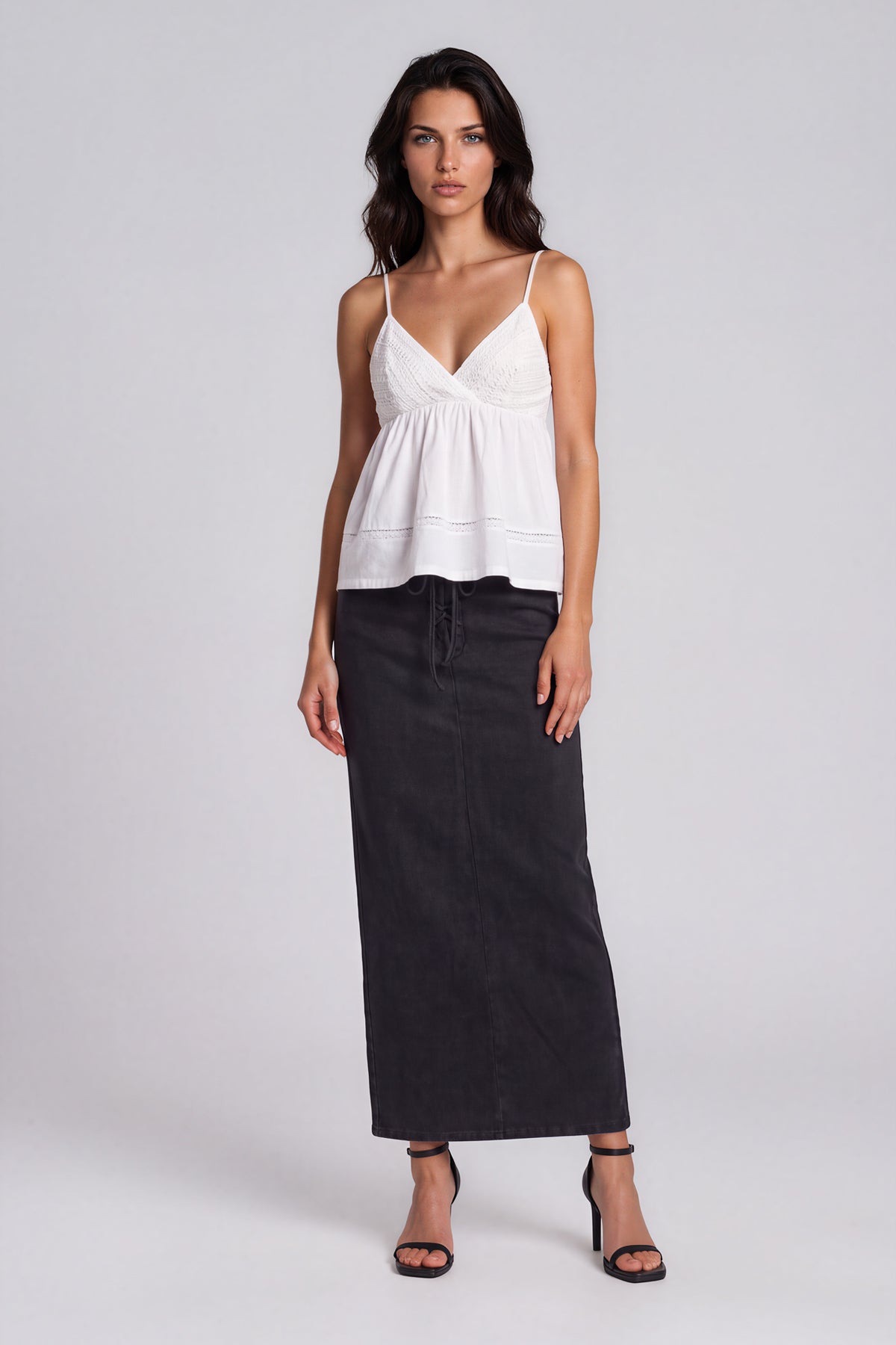 Dyed Washed Drawstring Maxi Skirt - Black