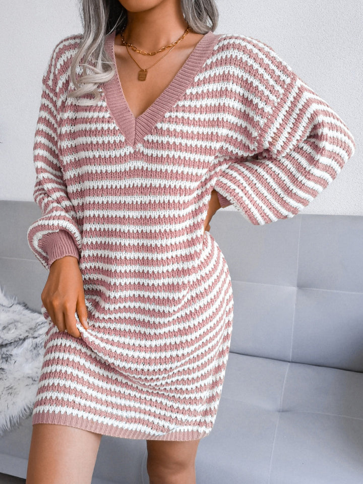 Amina Striped V-Neck Mini Sweater Dress