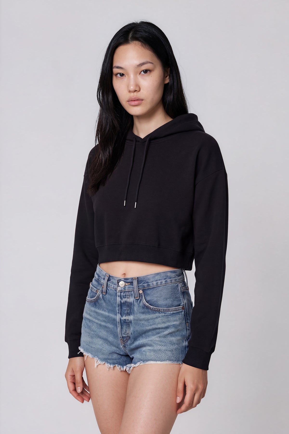 Essential Cropped Drawstring Hoodie - Black