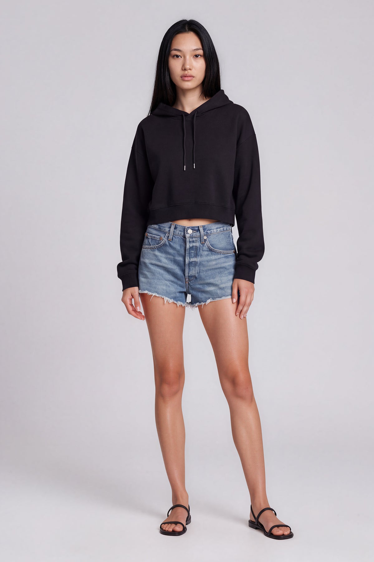 Essential Cropped Drawstring Hoodie - Black