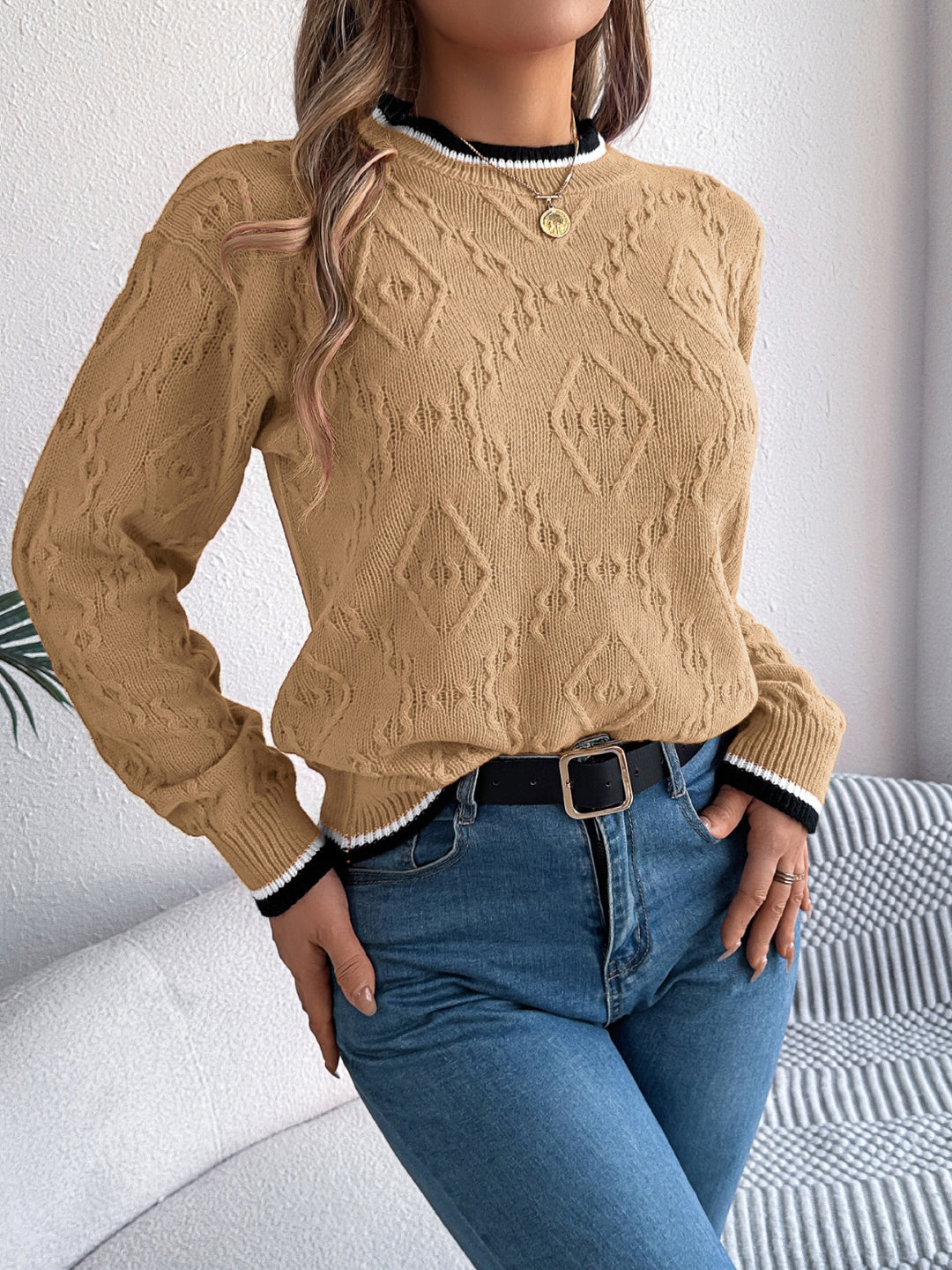 Cora Contrast Trim Long Sleeve Sweater