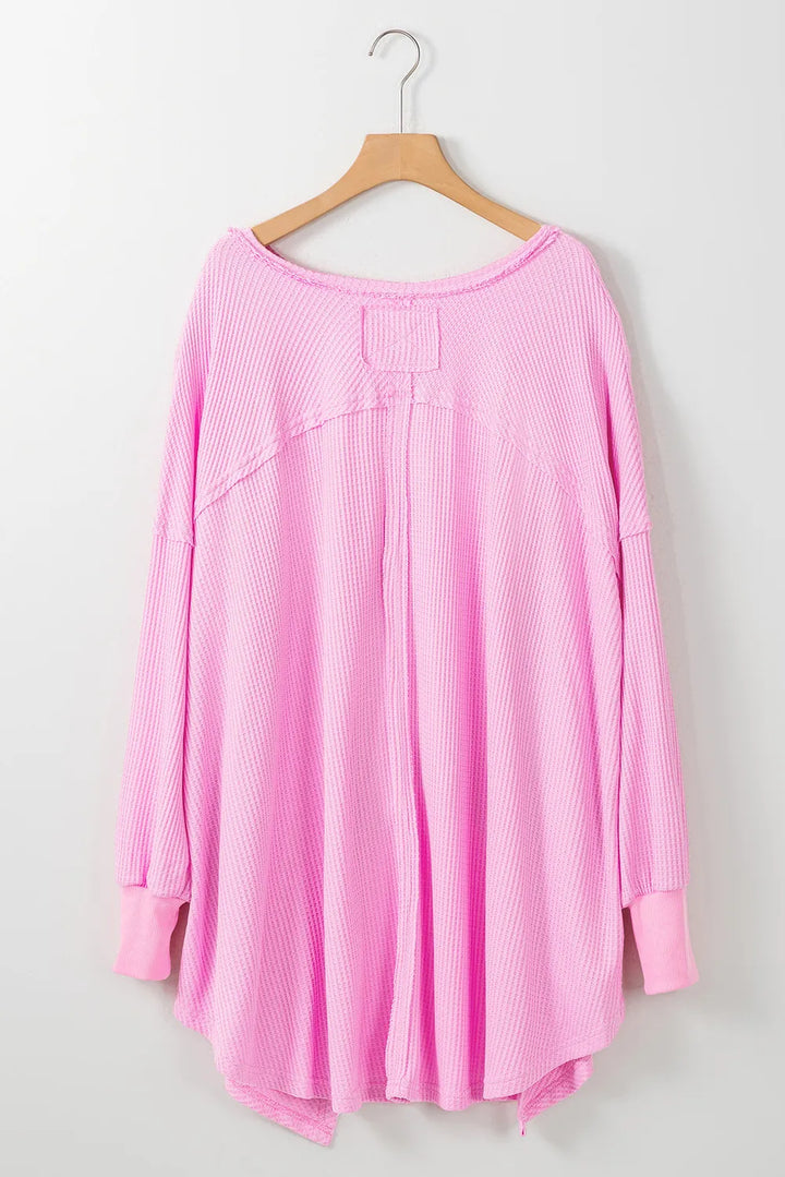 Lyla Waffle-Knit V-Neck Long Sleeve Blouse