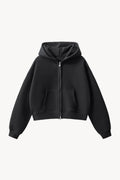 Fleeced Zip-Up Cropped Hoodie - Black