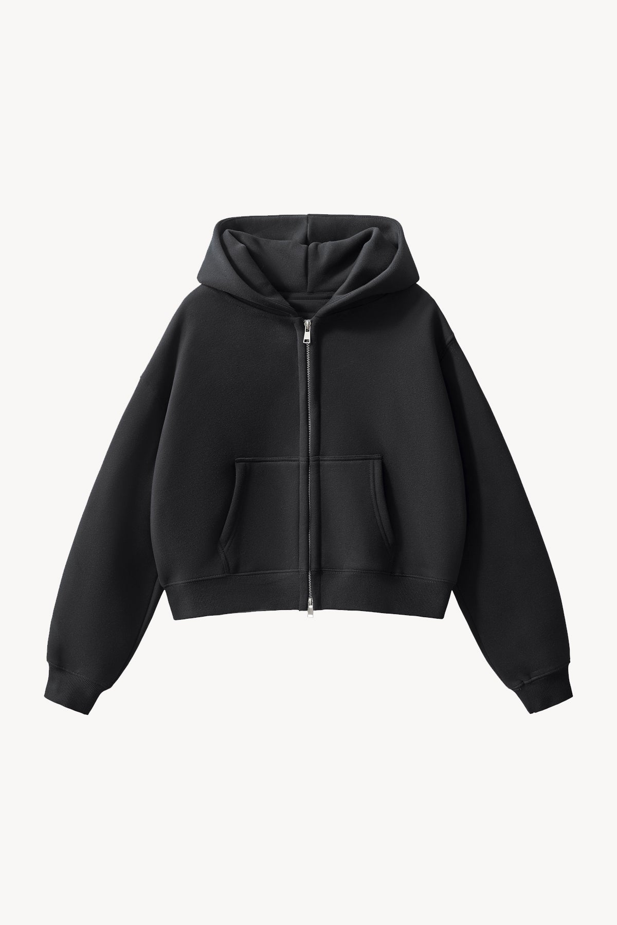 Fleeced Zip-Up Cropped Hoodie - Black