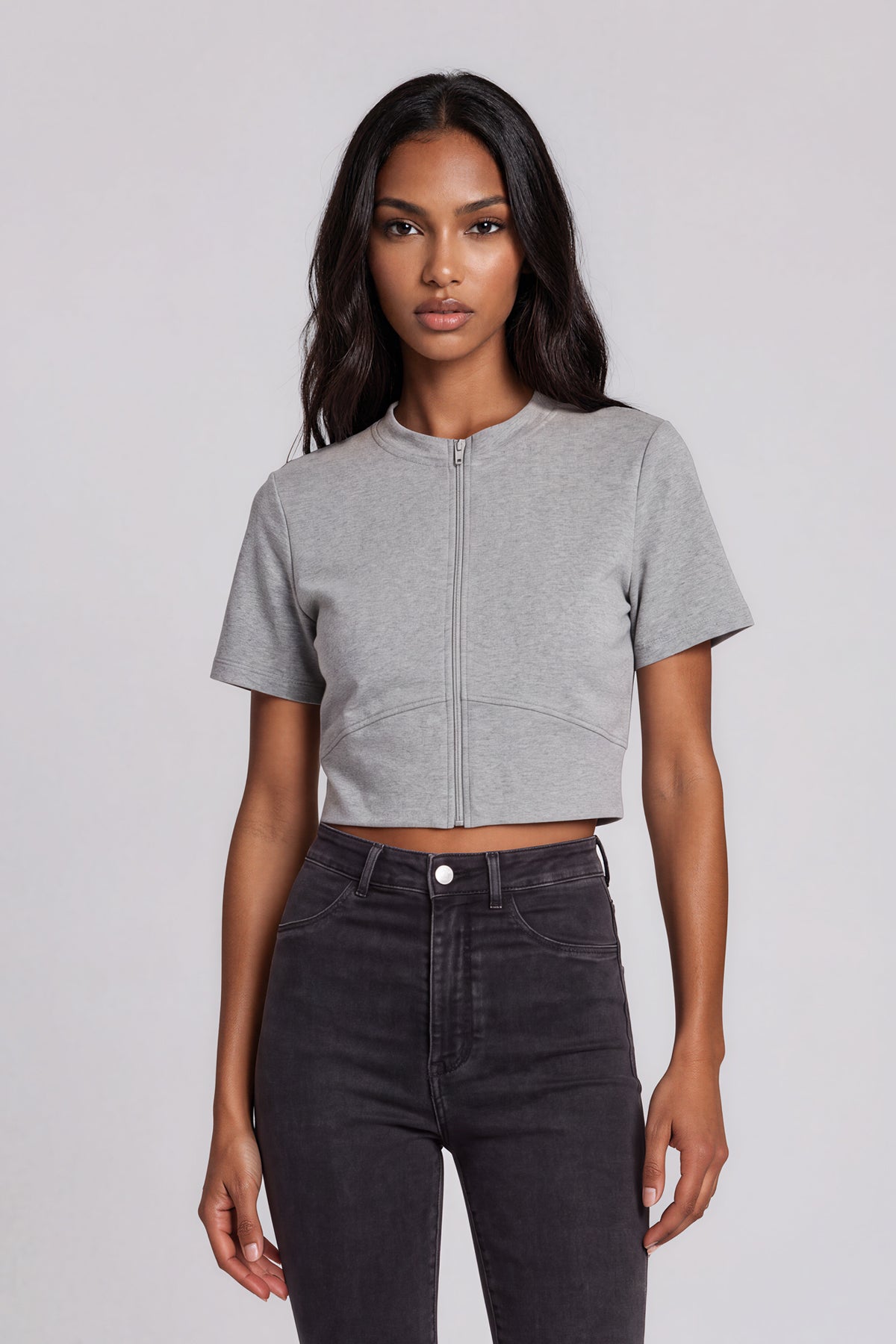 Full-Zip Cropped T-Shirt - Gray