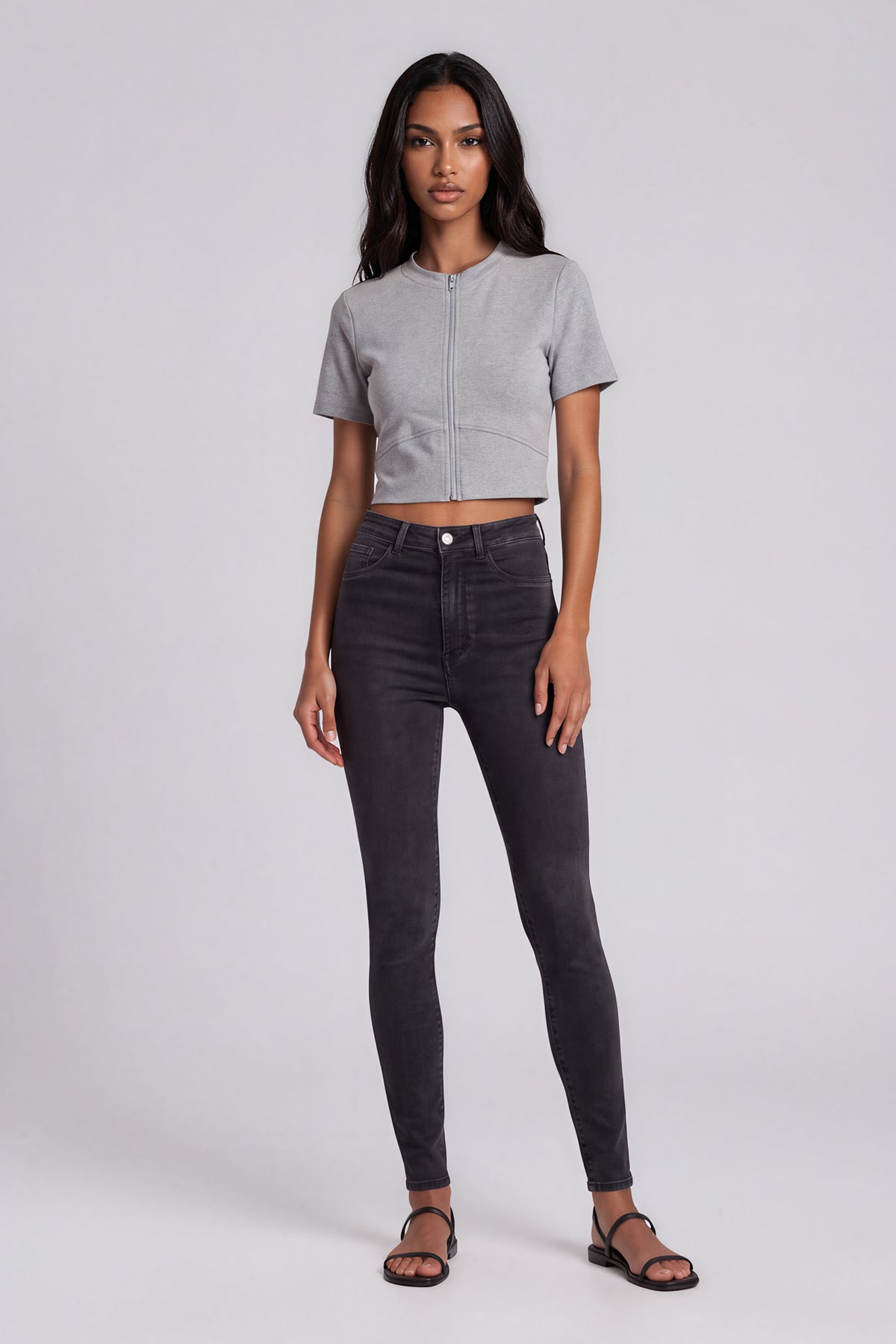 Full-Zip Cropped T-Shirt - Gray