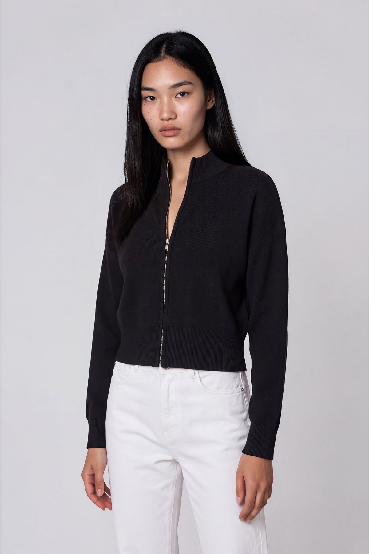 Mock Neck Zip Up Cardigan - Black