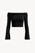 Off-the-Shoulder Bell Sleeve Crop T-Shirt - Black
