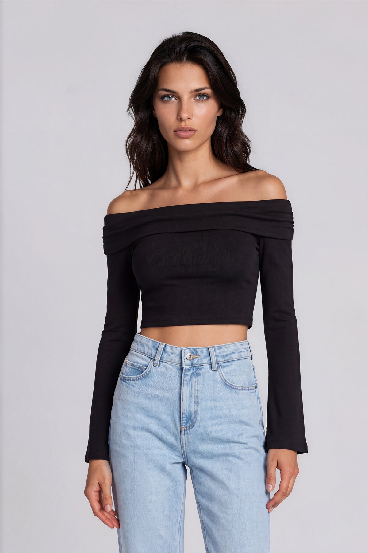 Off-the-Shoulder Bell Sleeve Crop T-Shirt - Black