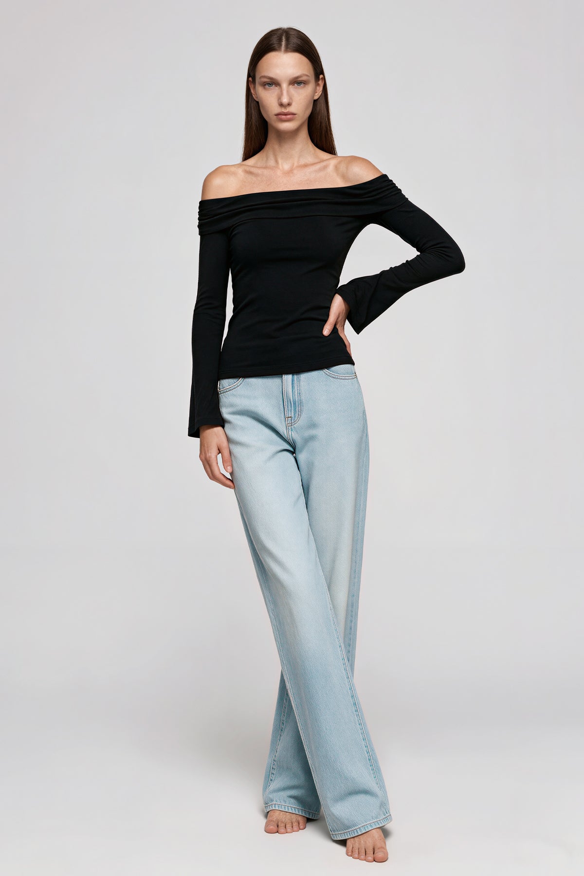 Off-the-Shoulder Bell Sleeve Crop T-Shirt - Black