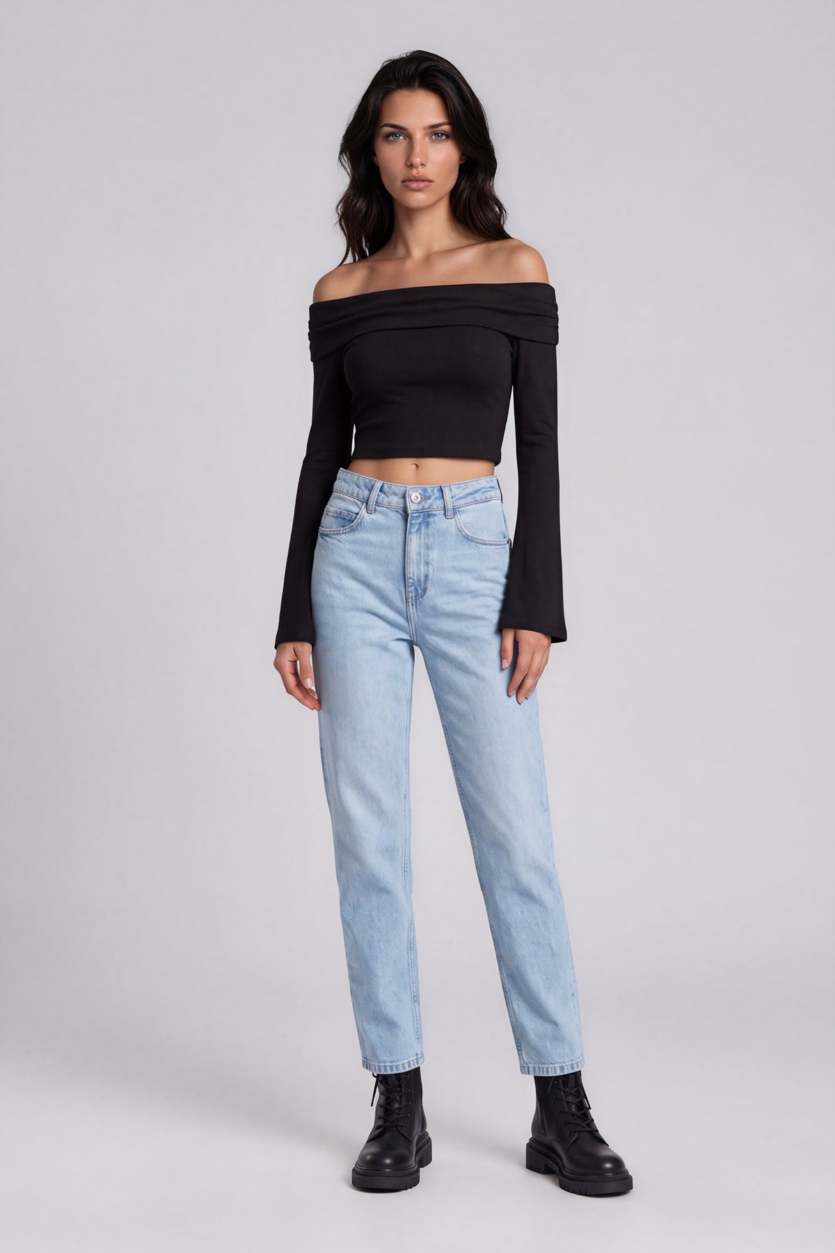 Off-the-Shoulder Bell Sleeve Crop T-Shirt - Black